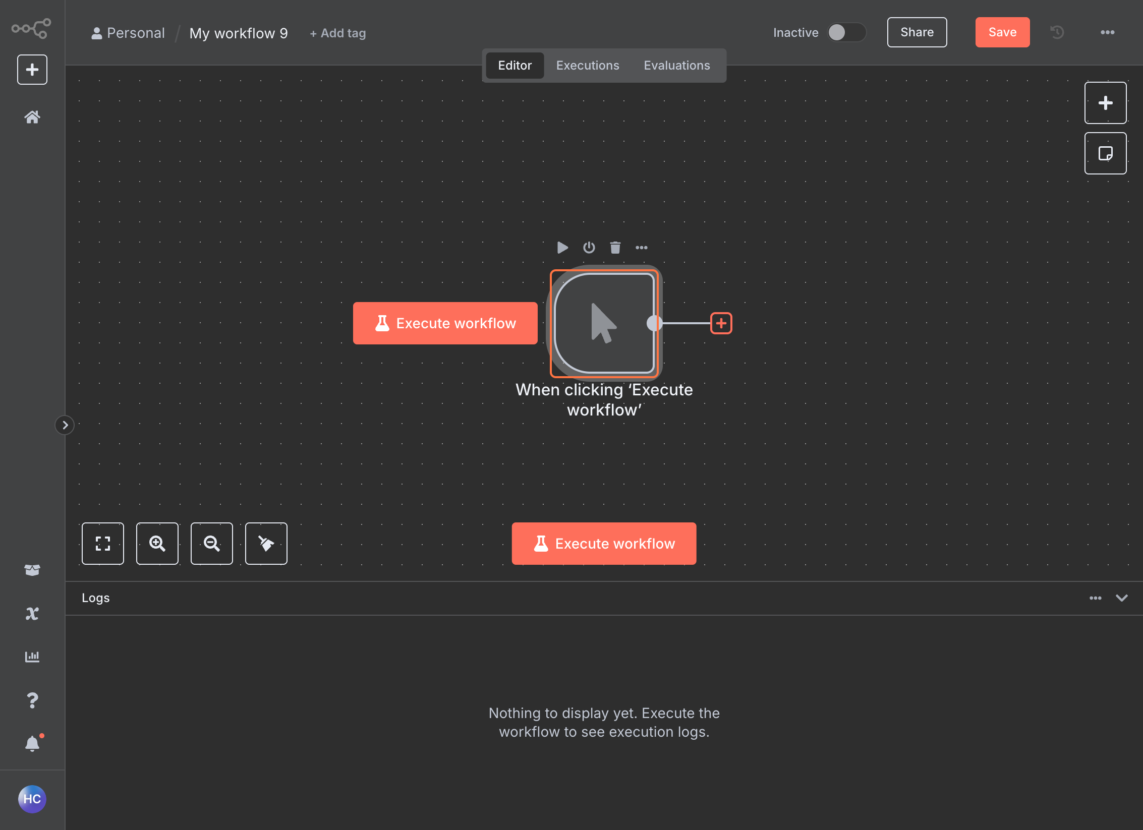 n8n new workflow with manual trigger node
