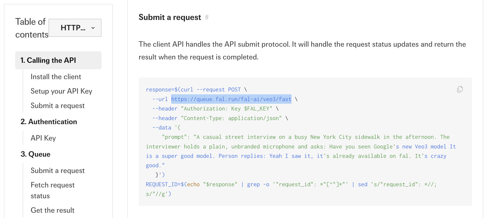 fal model API tab showing submit request URL