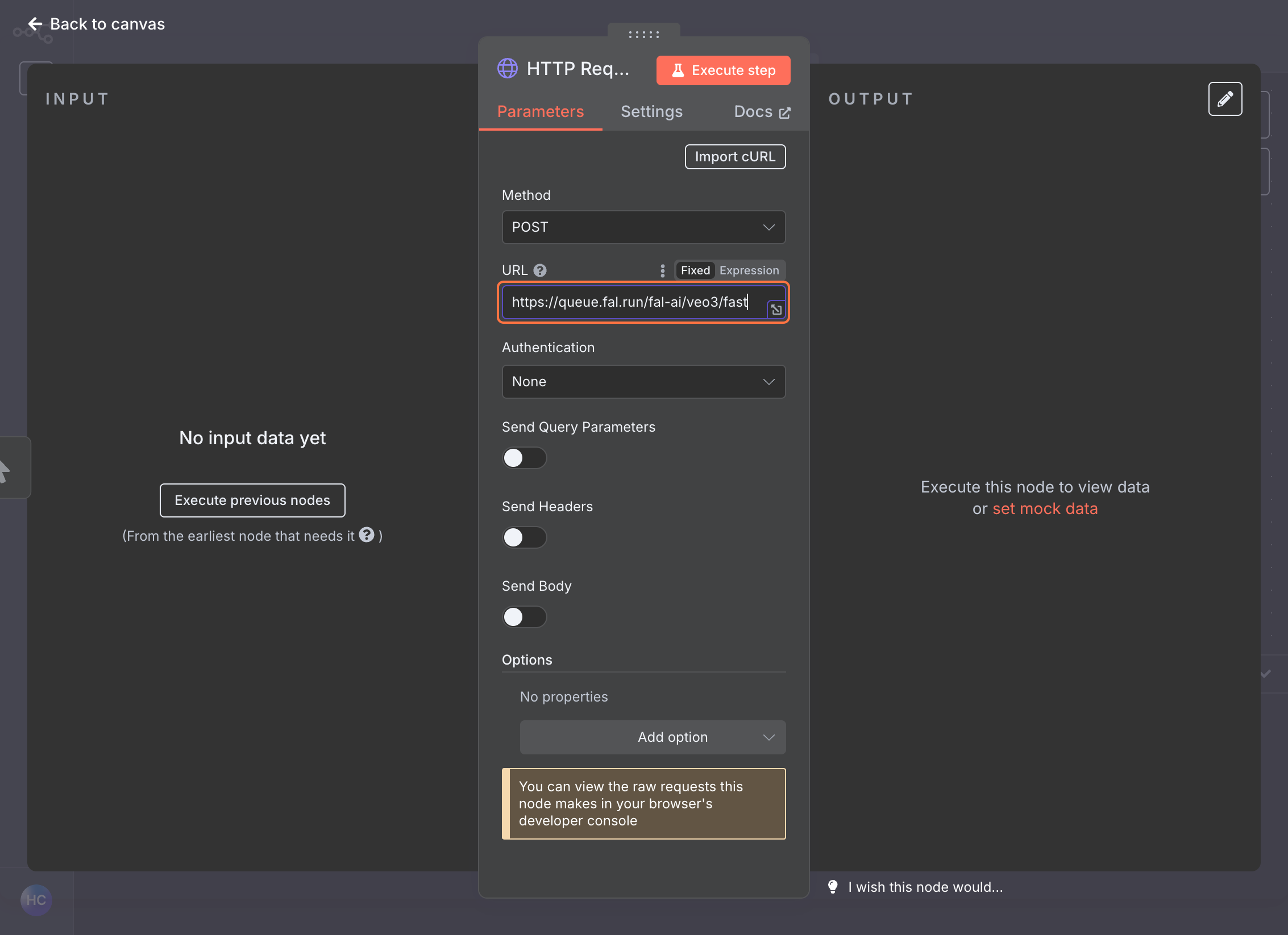 n8n HTTP Request node with fal API URL configured