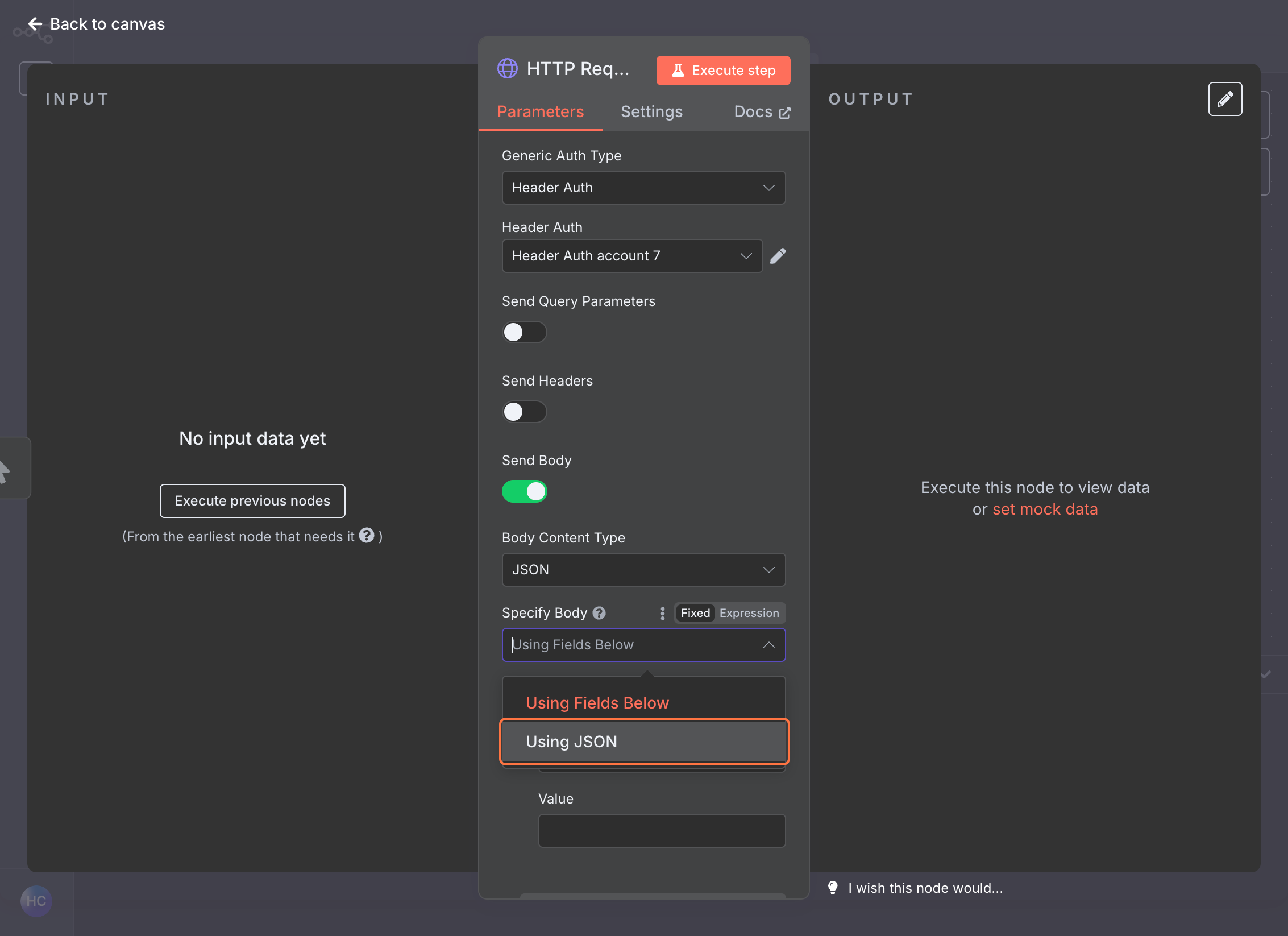 n8n HTTP Request body configuration with JSON selected