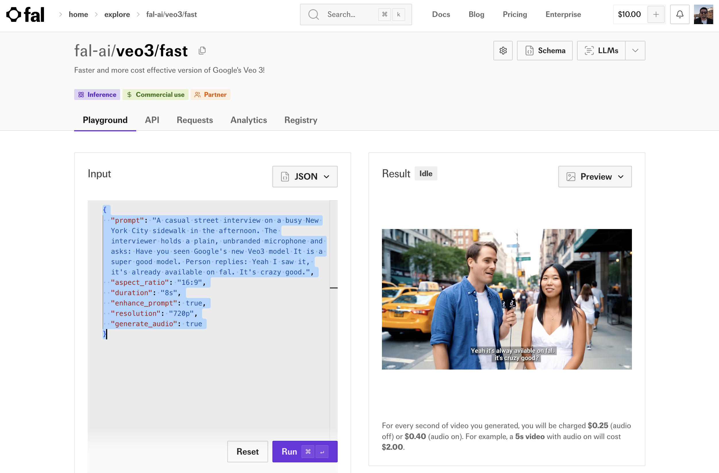 fal model playground showing JSON format selection