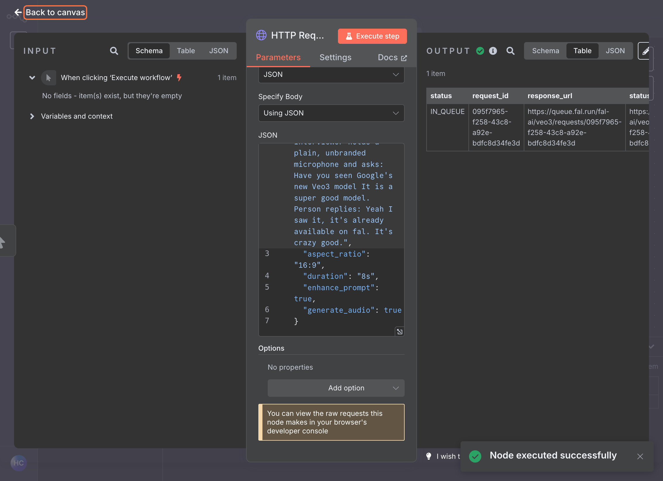 n8n HTTP Request node execution showing successful response with request ID