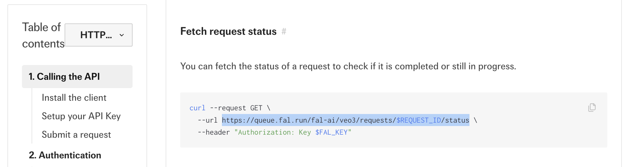 fal API documentation showing GET status check URL
