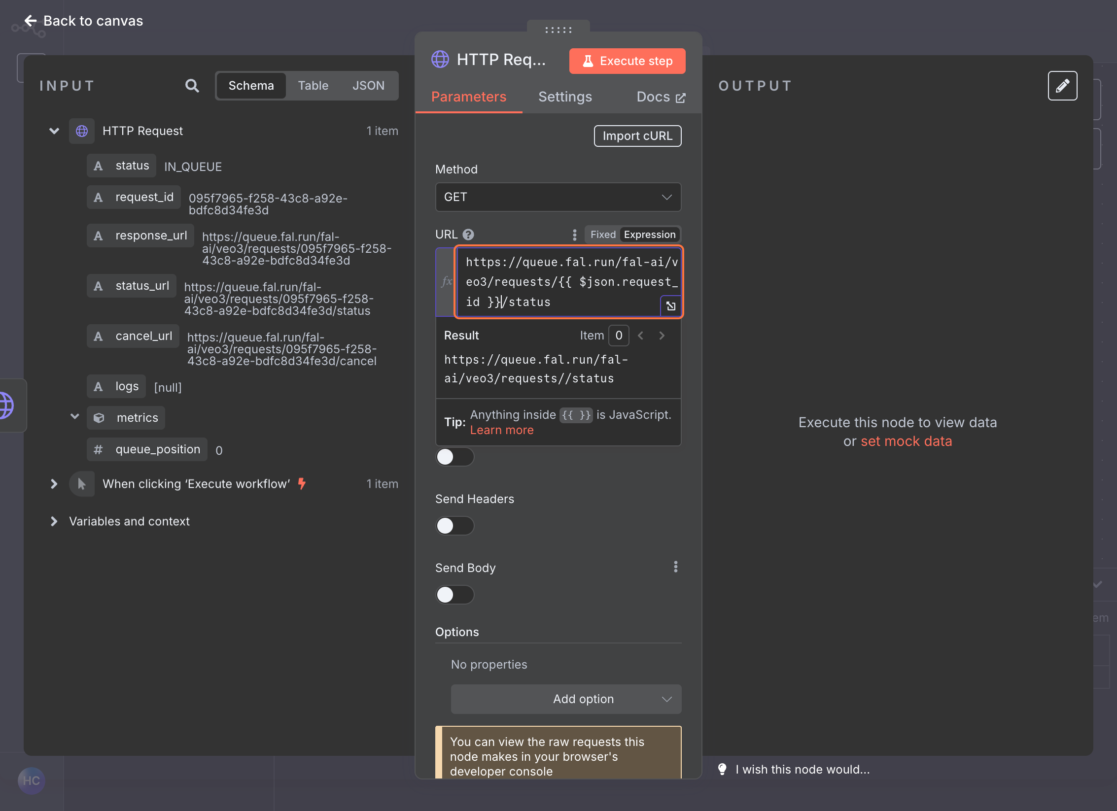 n8n second HTTP Request node with status check URL configured