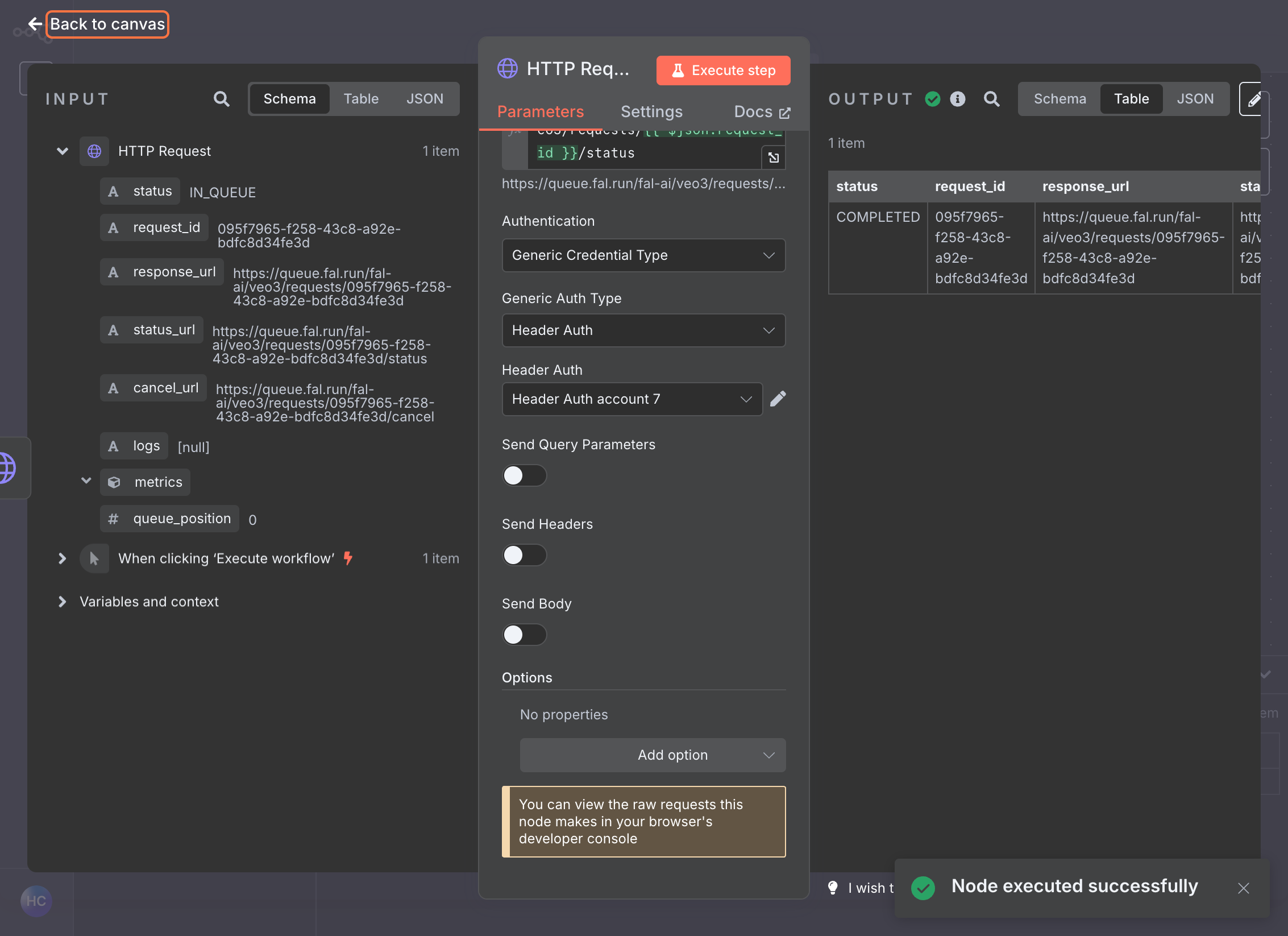 n8n status check node execution showing request status response